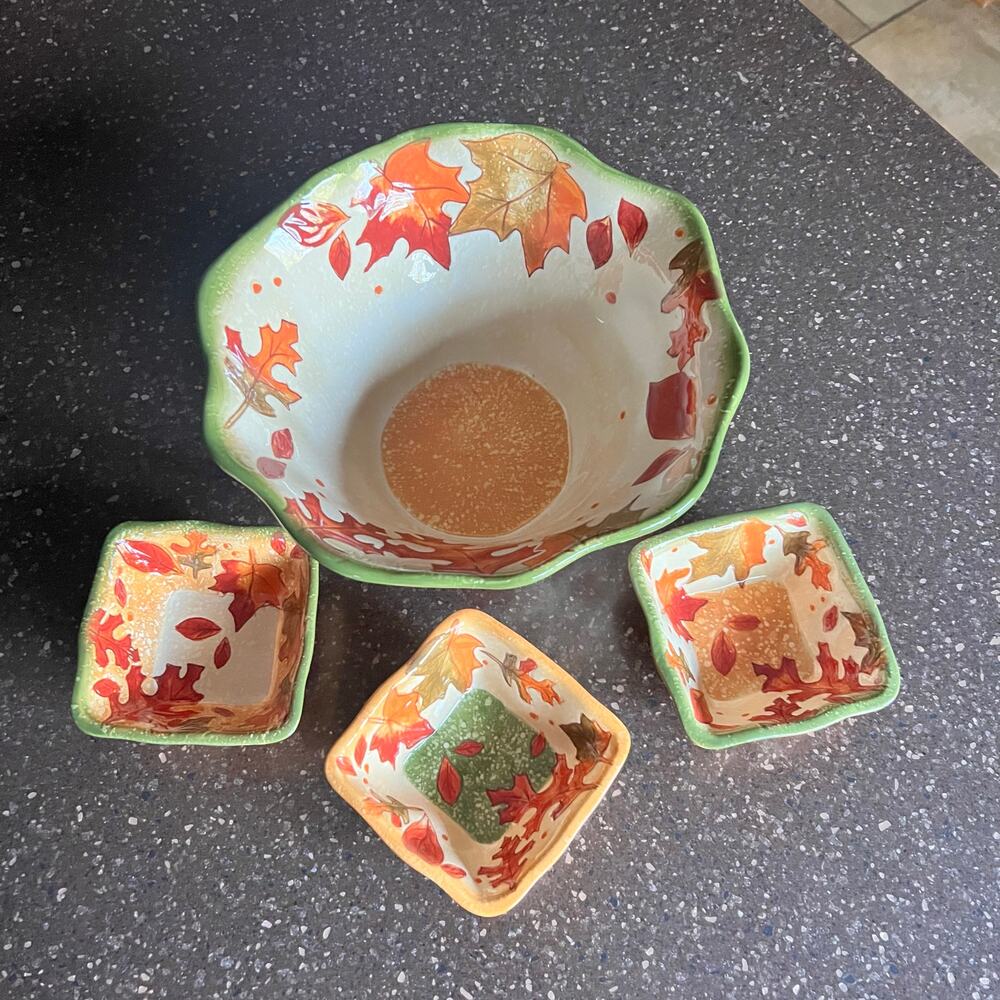 Bella Casa by Ganz Serving Bowl with 3 smaller bowls Featuring Autumn Leaves
